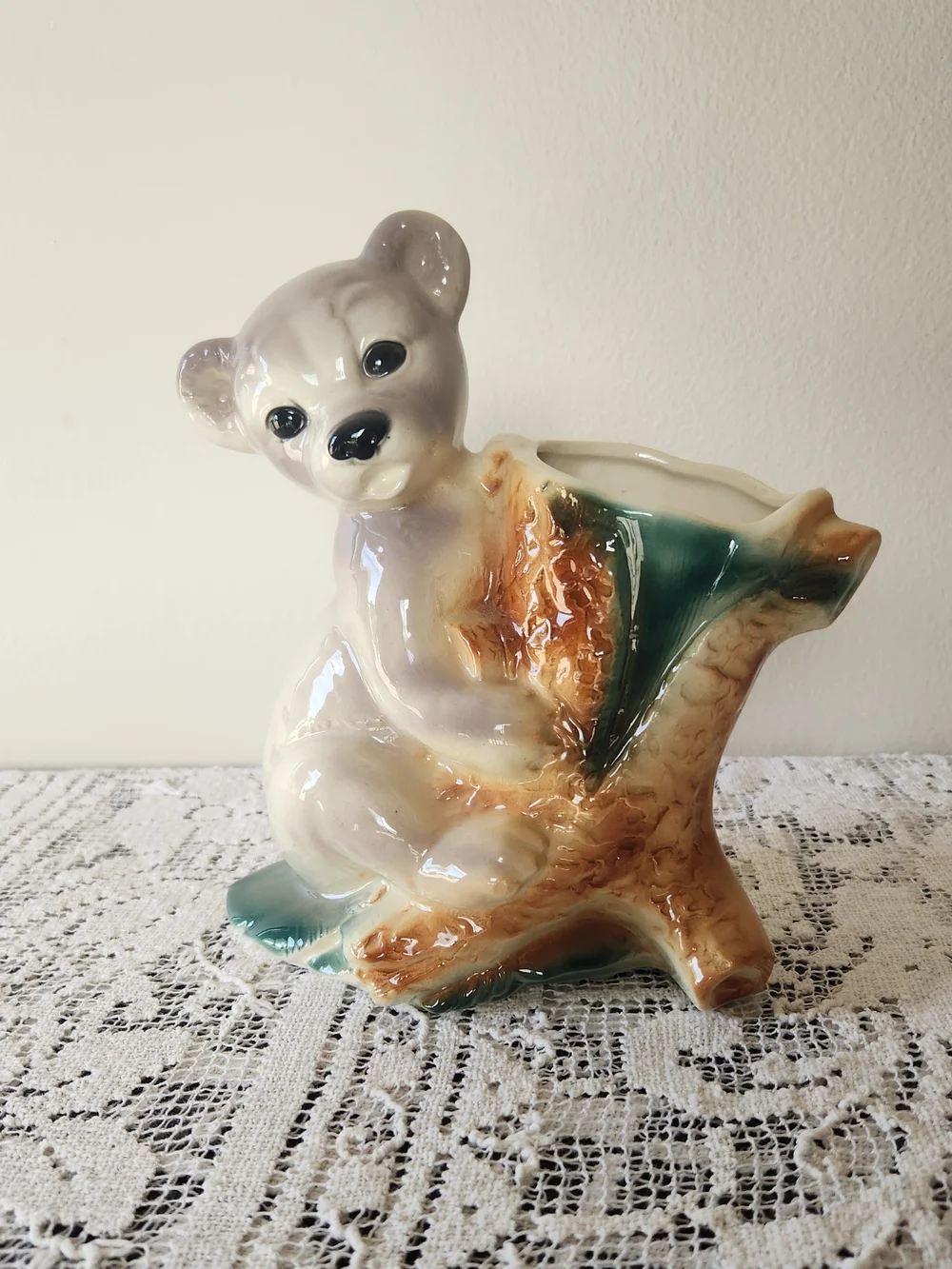 Vintage Royal Copley Ceramic Bear Planter in Cream, Brown & Green